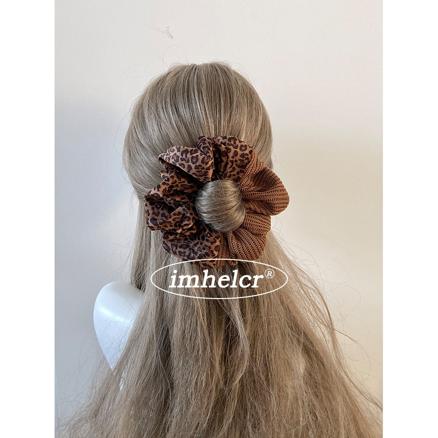 Women's Winter Velvet Hair Bun Tie Coffee Brown Leopard Print