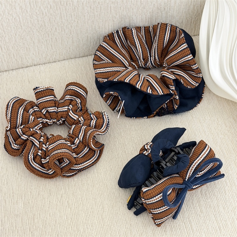 Women's Fall Winter Double Sided Knit Bun Hair Tie Striped Bow Knot