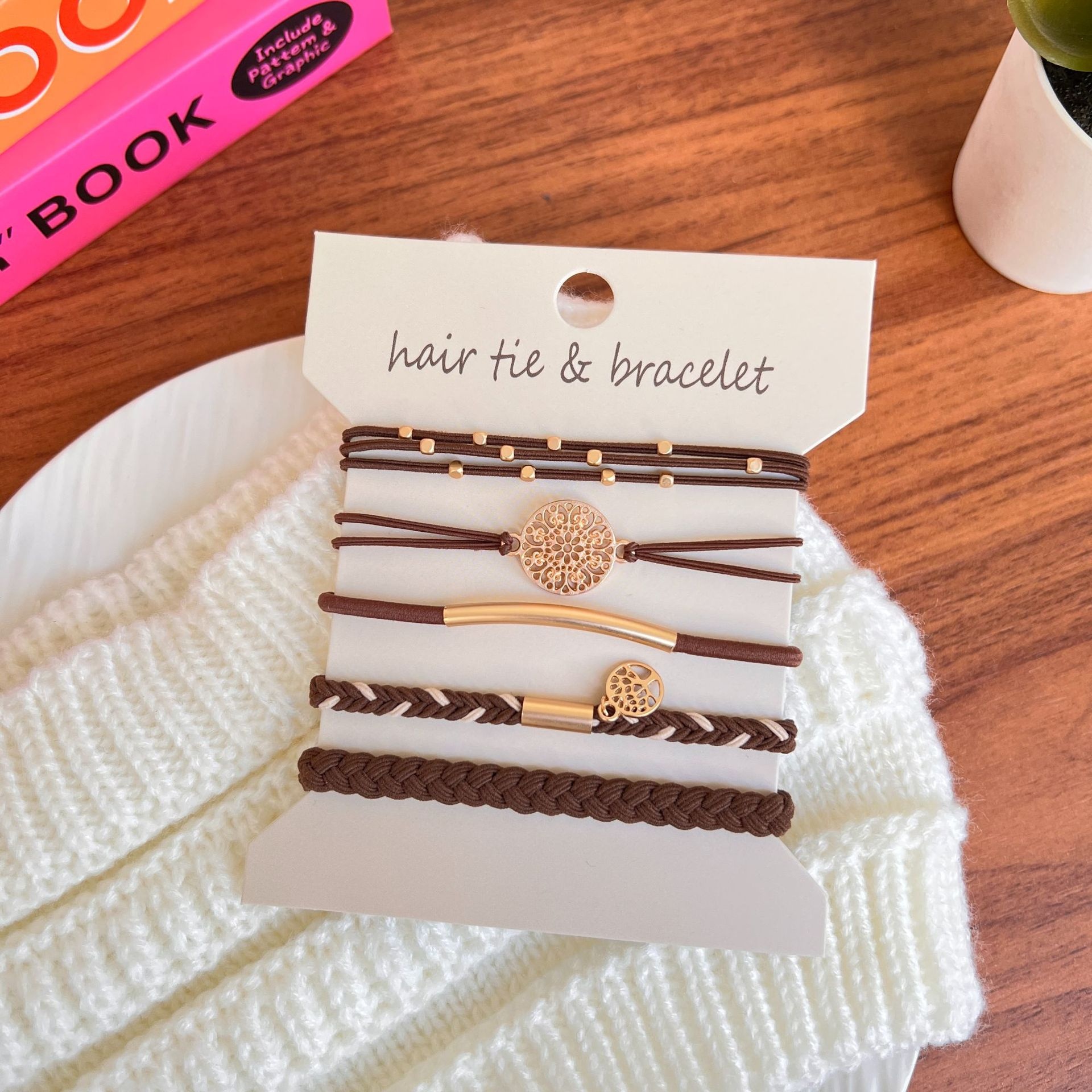 Women's 5Pcs Brown Metal Tree of Life Elastic Hair Tie Bracelet Set