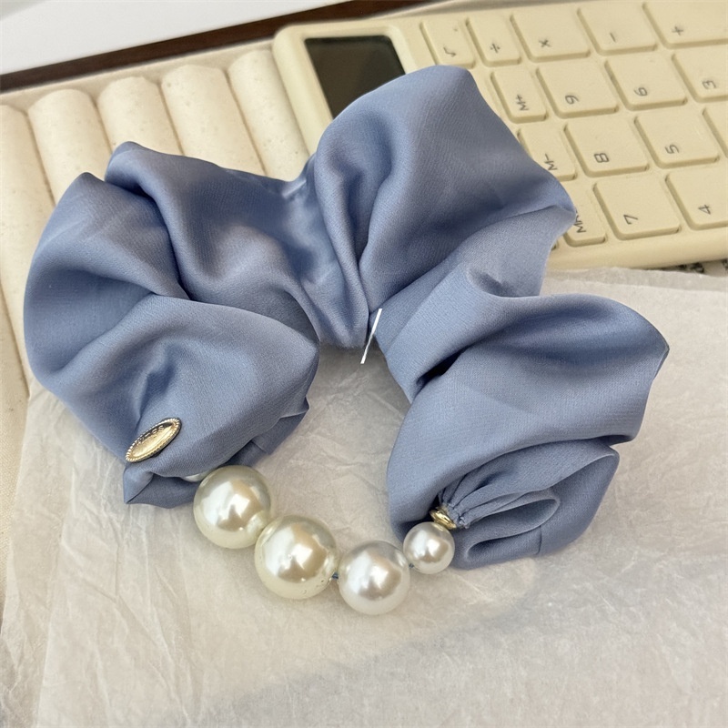 Women's Elegant Summer Satin Pearl Scrunchie Hair Tie Solid Pink