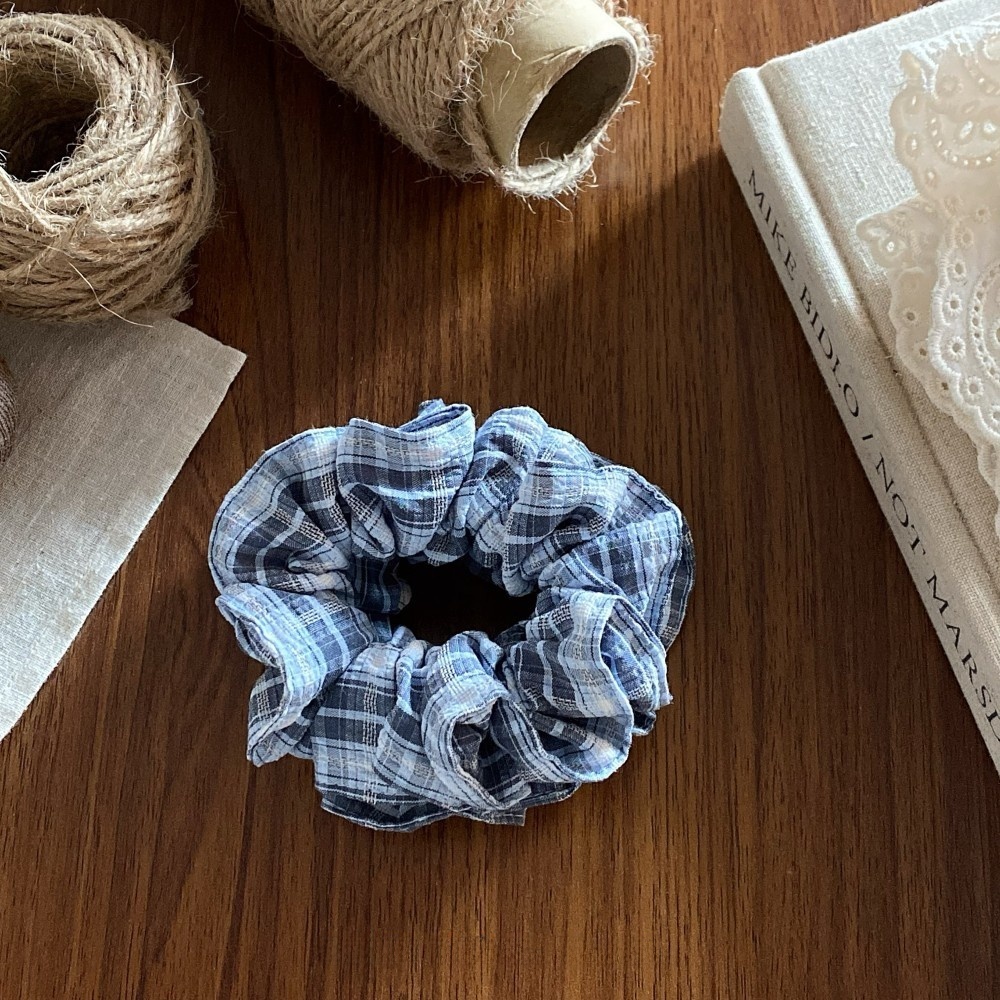 Women's Spring Summer Cloth Hair Rubber Band Scrunchie Blue Plaid
