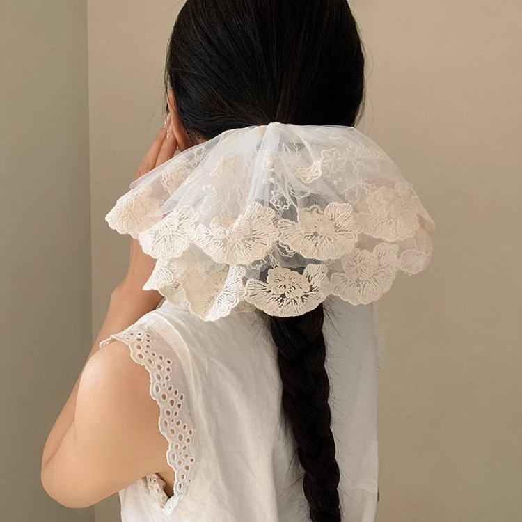Women's French Elegant Extra Large White Lace Headband Fairy Style Hair Tie