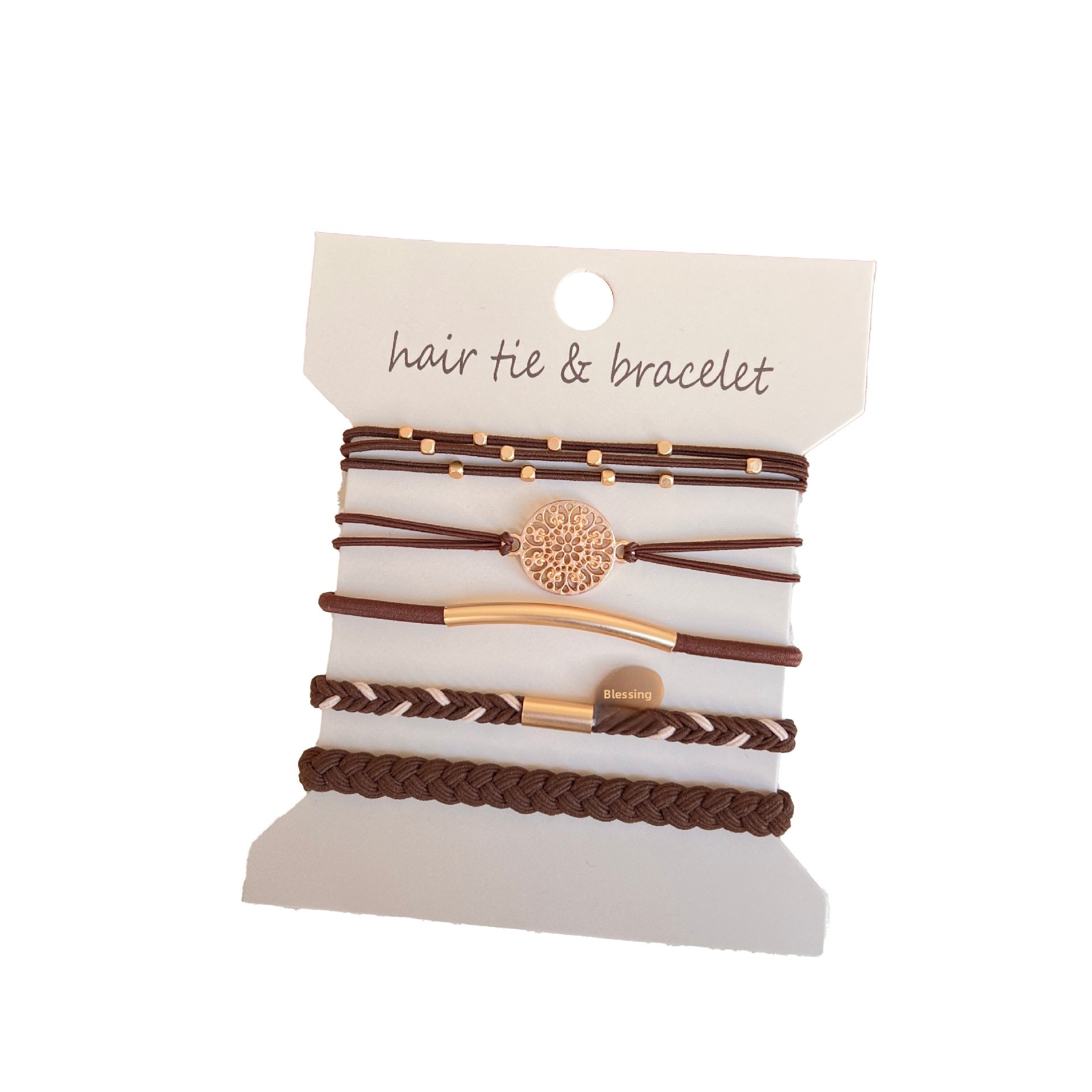 Women's 5Pcs Brown Metal Tree of Life Elastic Hair Tie Bracelet Set