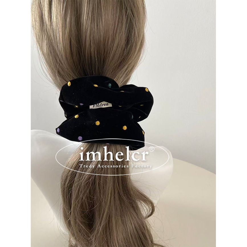 Girls Colorful Polka Dot Embroidered Black Velvet Headband Hair Bun Wrap