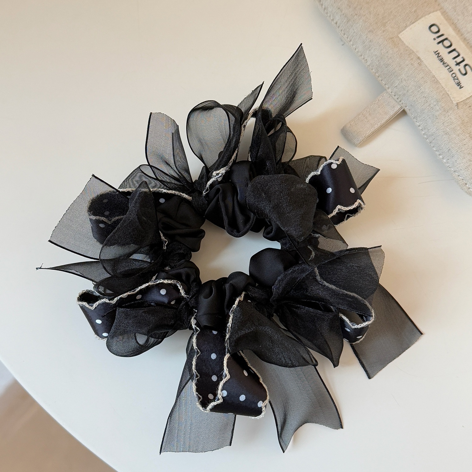 Women's Valentine Cloth Ribbon Bow Lazy Hair Tie Polka Dot Black Purple