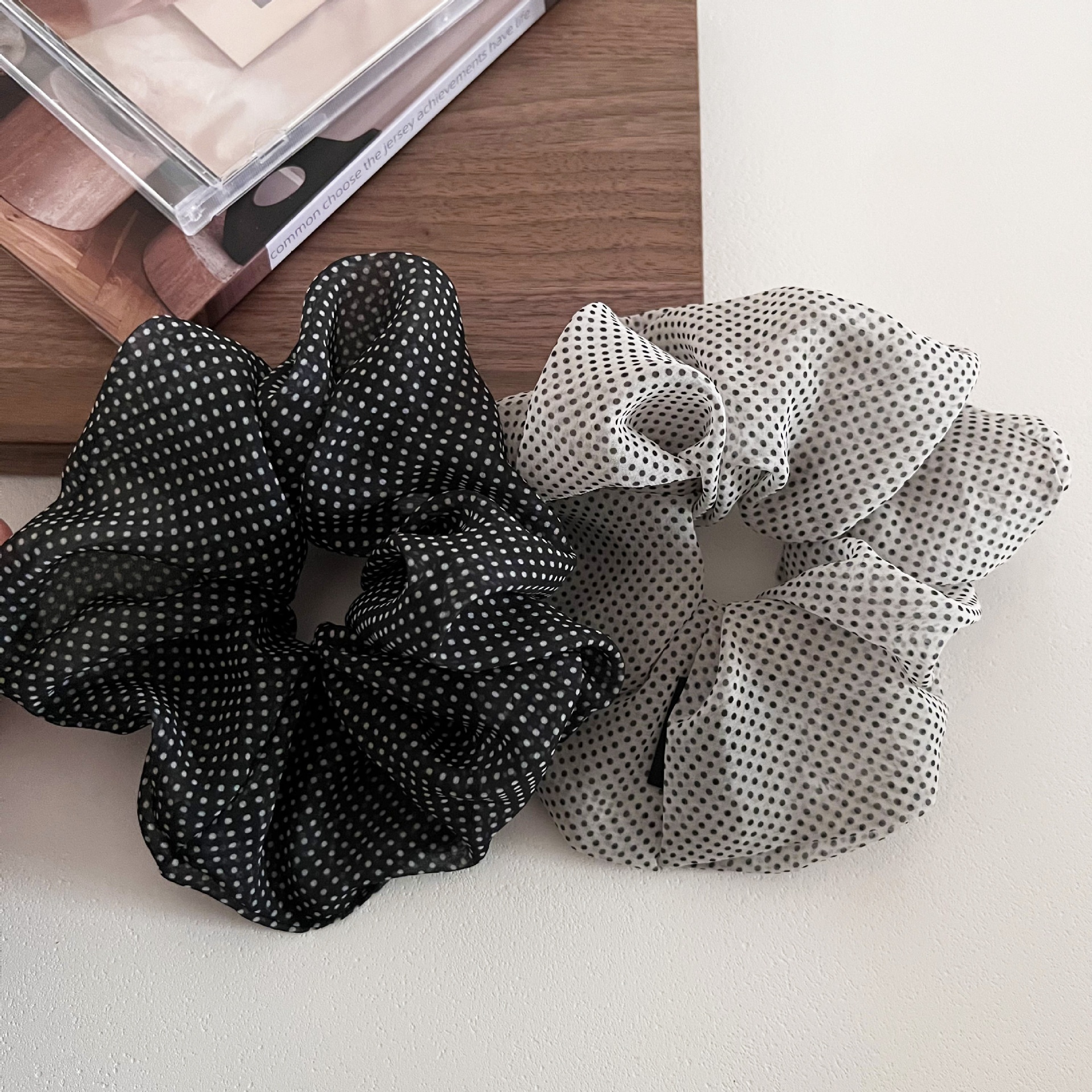 Women's French Retro Mesh Low Bun Hair Tie Black & White Polka Dot
