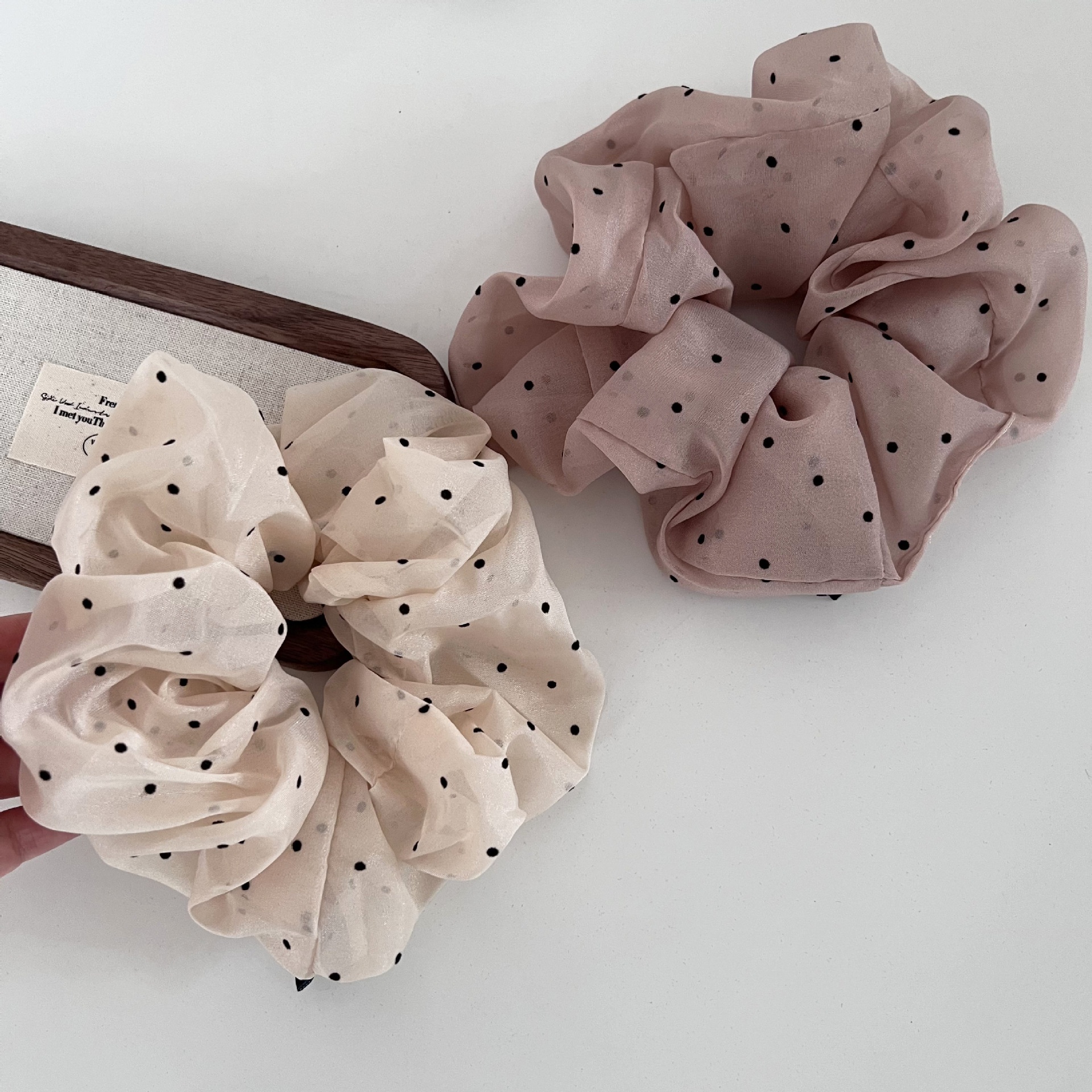 Women's Summer French Style Cloth Hair Tie Apricot Polka Dots