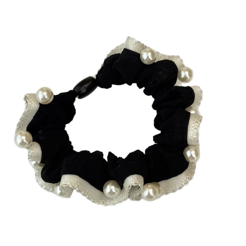 Women's Pearl Bubble Braid Cloth Hair Tie Summer Accessory Beige Black