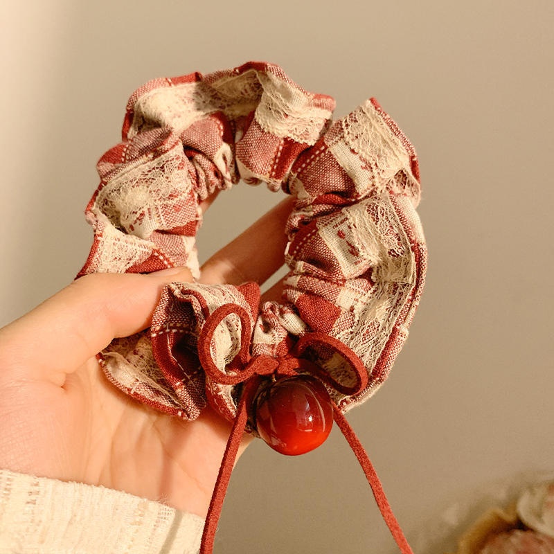 Women's Large Mori Style Scrunchie Beige Polka Dot Cloth Hair Tie