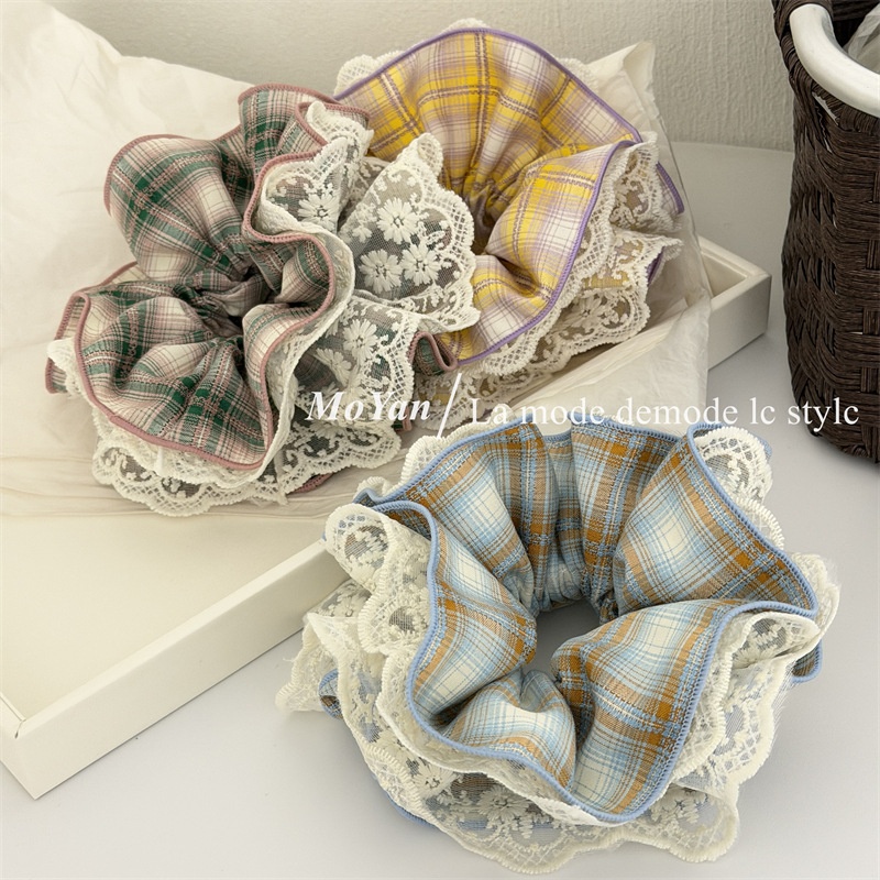 Women's Spring Cloth Hair Scrunchies Sweet Pink Checkered Plaid Lace