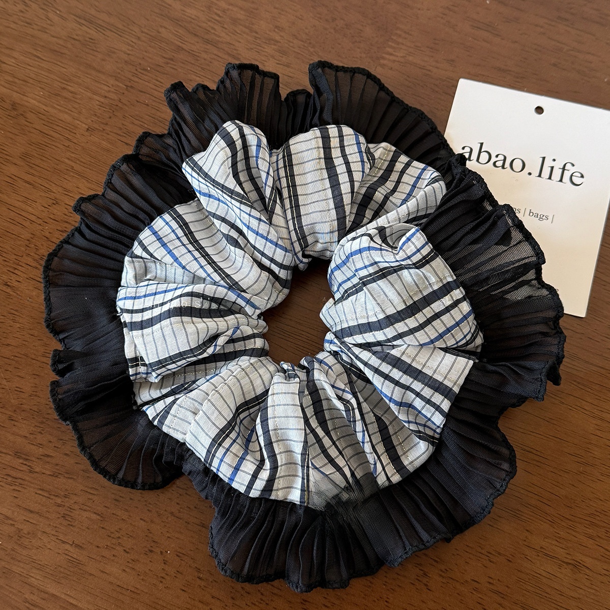 Women Cloth Scrunchies Elastic Hair Tie Black White Plaid Checkered Design