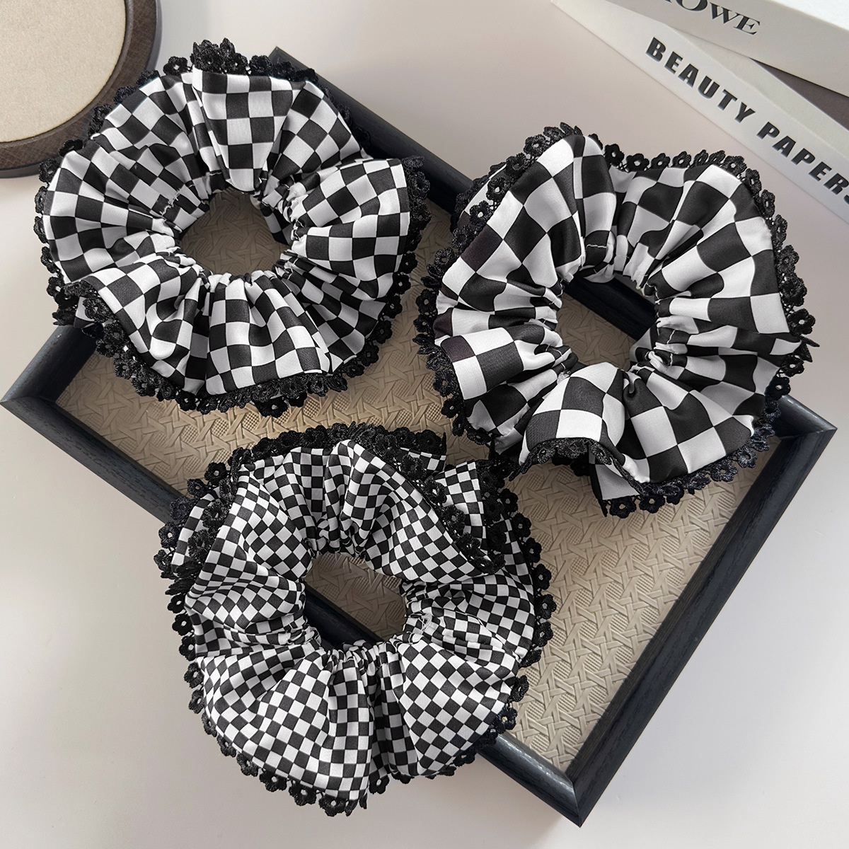 Women's Daily Double-Layer Cloth Hair Tie Black White Checkered