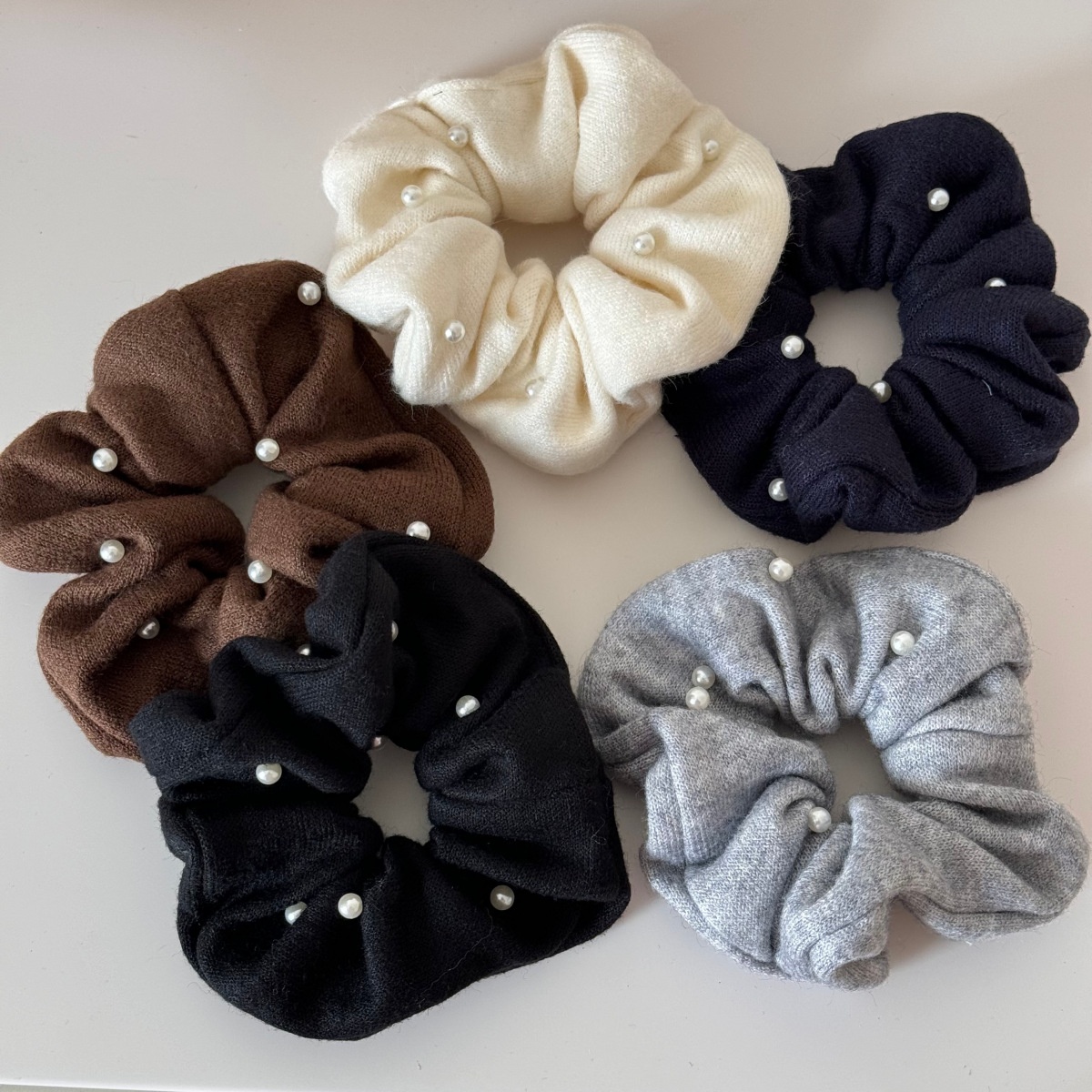 Women Elegant Pearl Knitted Cotton Hair Bands Winter Bun Ties Solid Colors