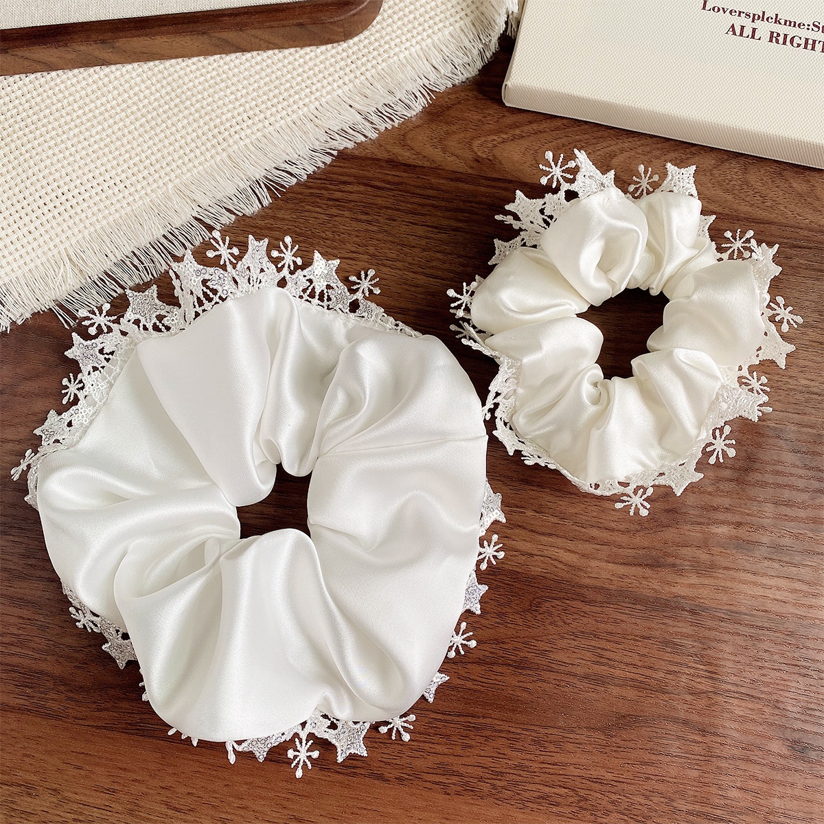 Women's French Style Satin Large Scrunchie Hair Tie White Star Lace