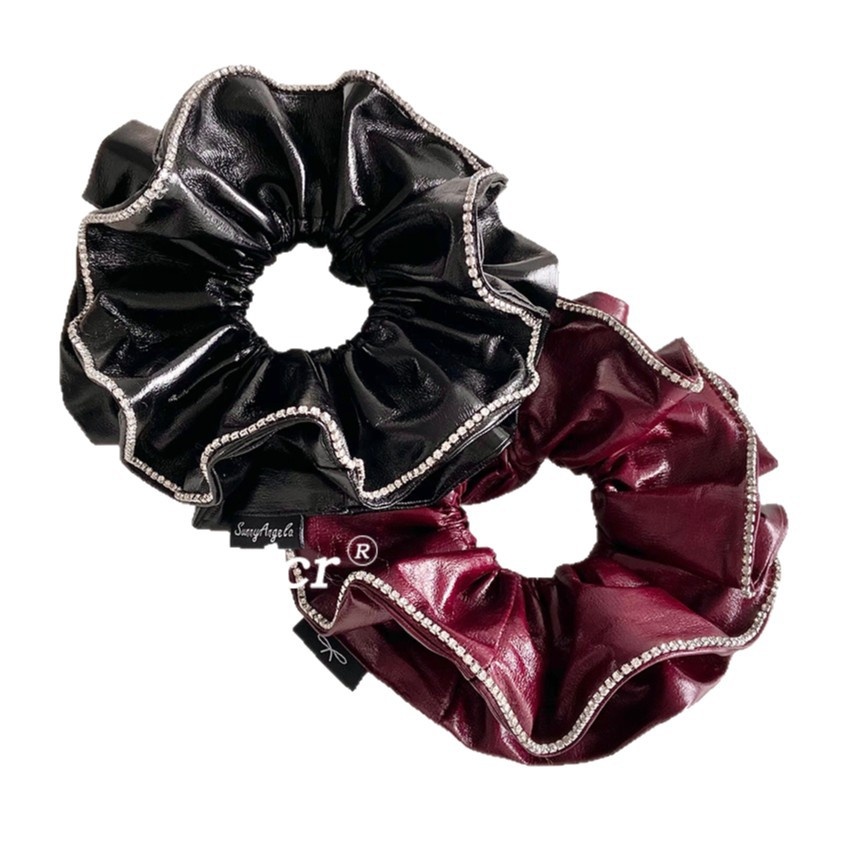 Women's Cool Rhinestone PU Leather Spring Hair Tie Solid Wine Red