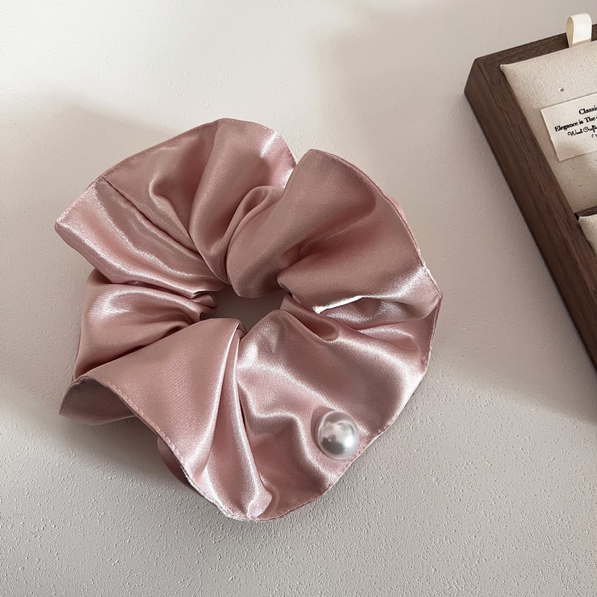 Women Elegant Satin Pearl Double Layer Hair Ties Scrunchies Solid Color