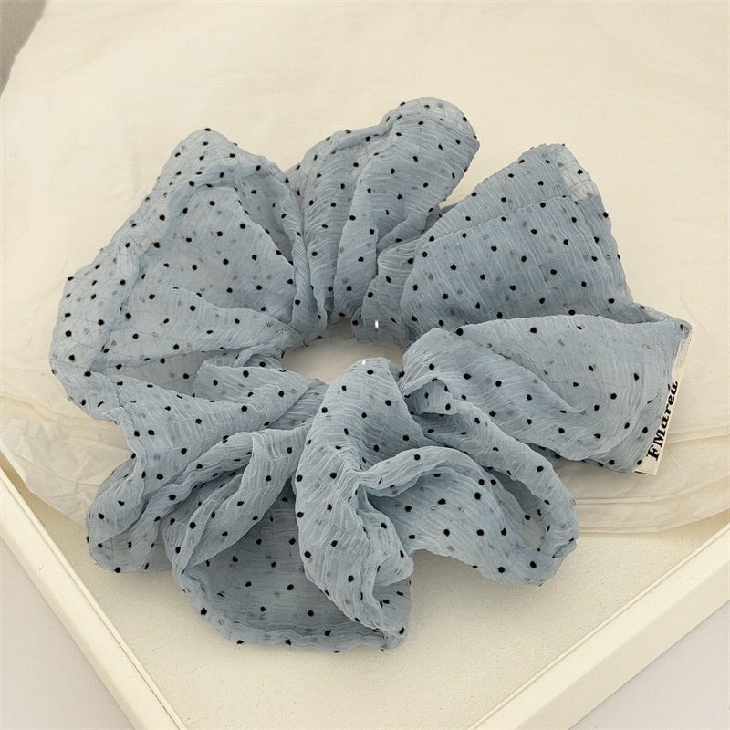 Women's Soft Tulle Ponytail Holder Hair Tie White and Blue Polka Dots