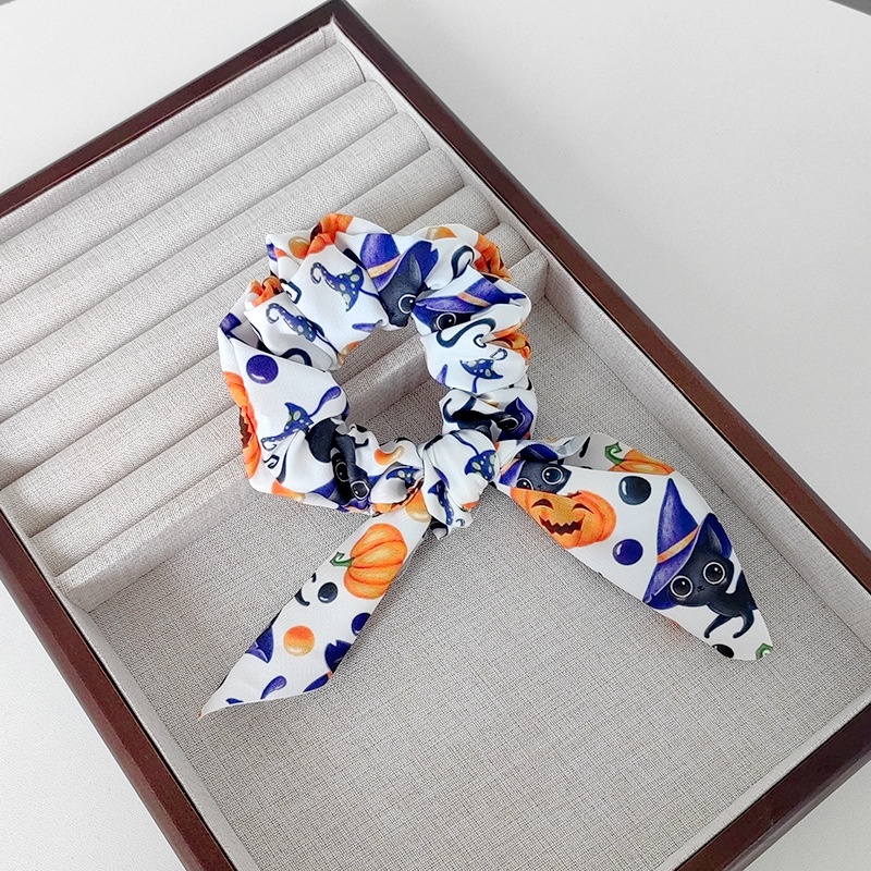 Women's Retro Large Bow Hair Tie Halloween Pumpkin Ghost Bat Print Fabric Art
