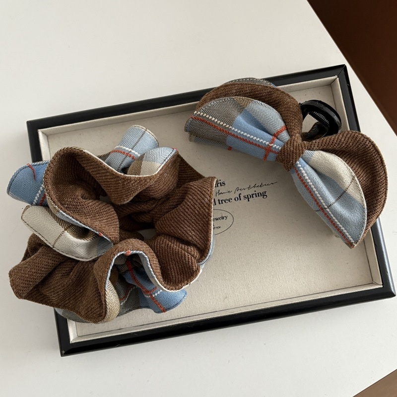 Women's Lazy Cloth Bow Scarf Scrunchie Hair Tie Light Blue Plaid