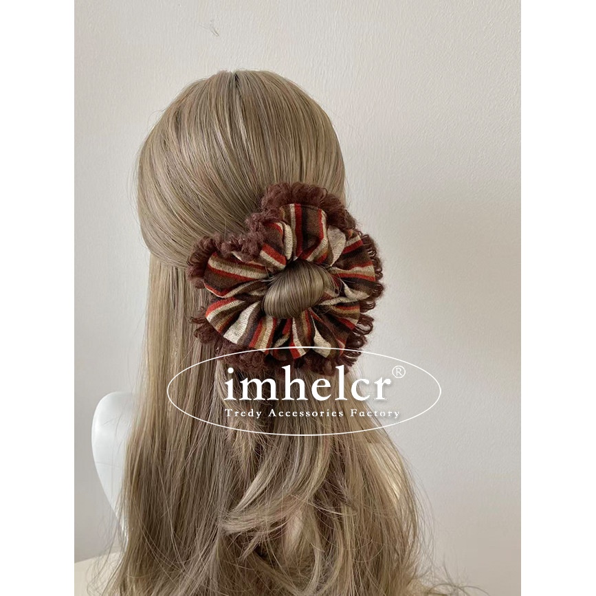 Women's Autumn Winter Knitted Yarn Bow Hair Tie Striped Color Block