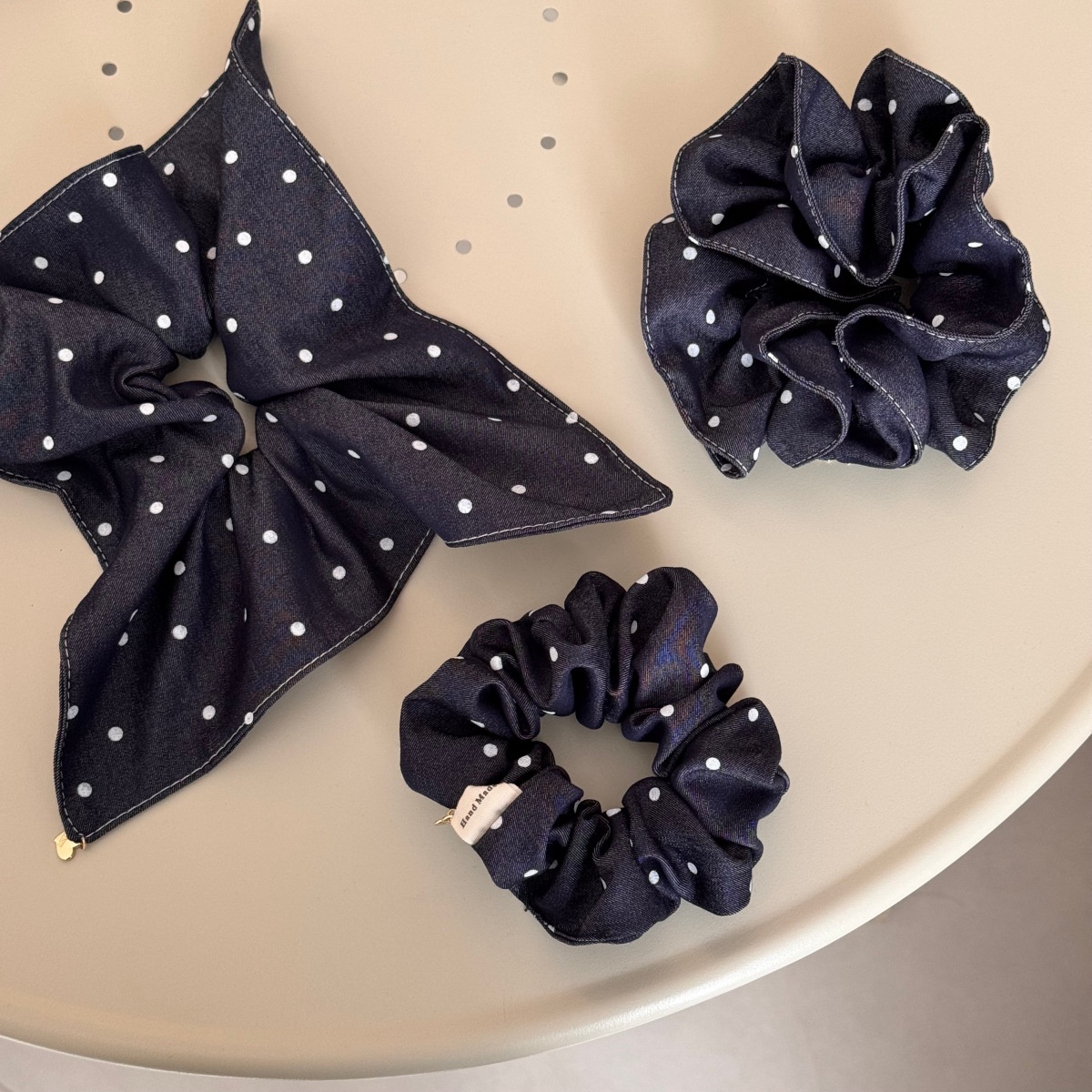 Women's Elegant Denim Cloth Scarf Hair Tie Dark Blue Polka Dot