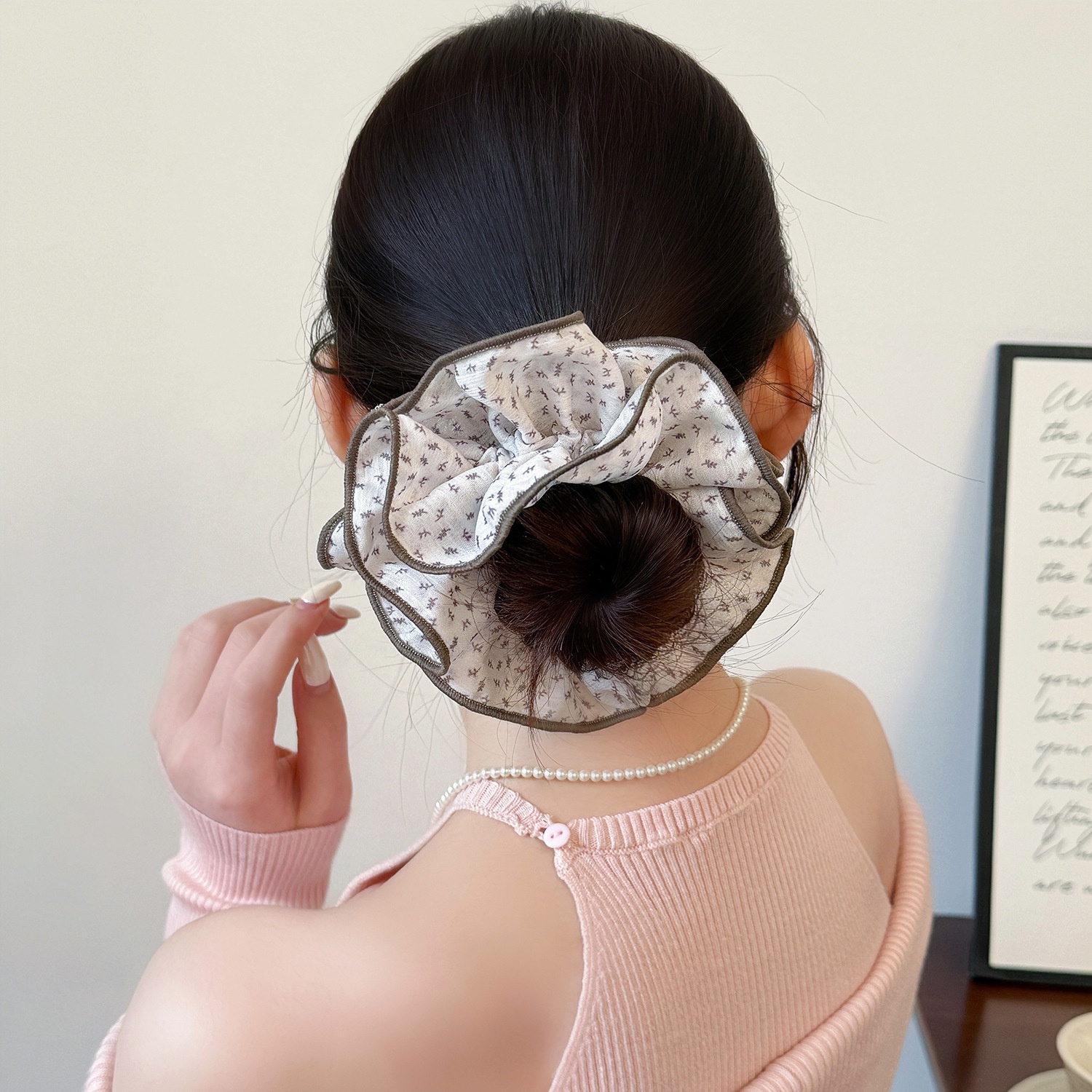 Women's All-Season Elastic Gauze Hair Tie Scrunchie Black Polka Dot