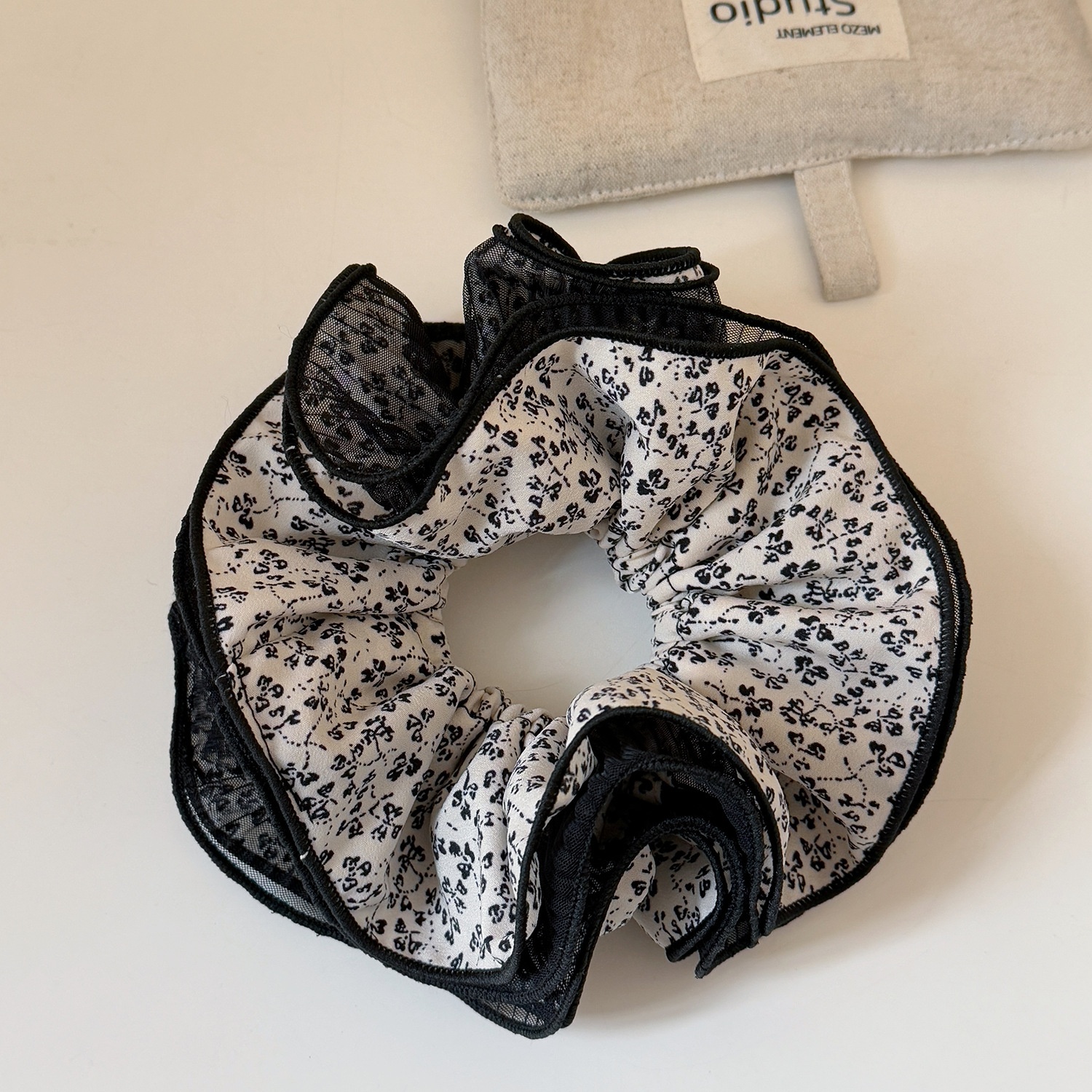 Women's Spring Korean Soft Gauze Hair Tie Black Ditsy Floral