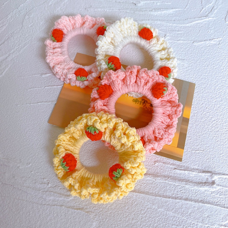 Women Girls Winter Wool Knitted Bow Hair Tie Creamy Strawberry