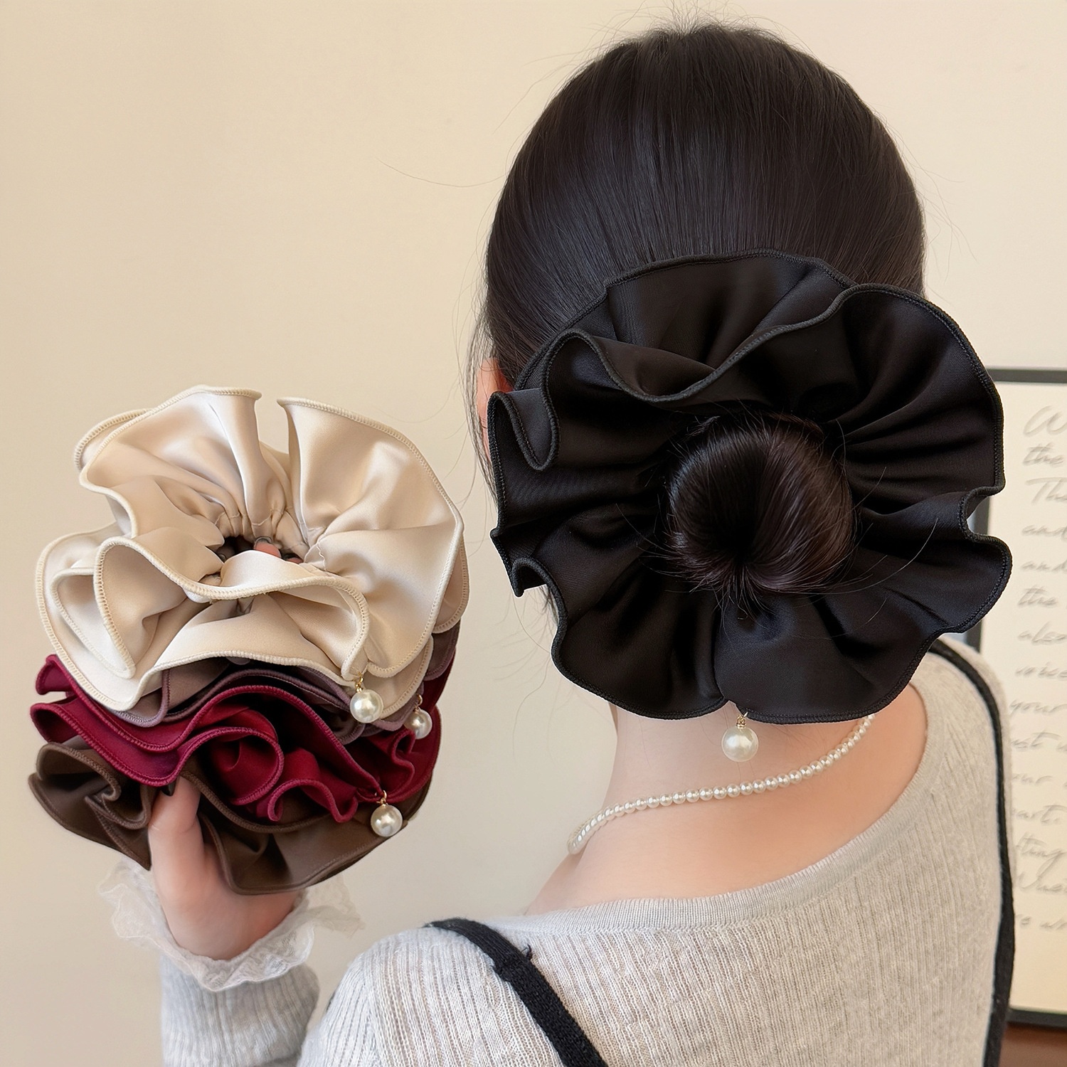 Women's Satin Pearl Double Layer Bun Hair Tie Solid Color