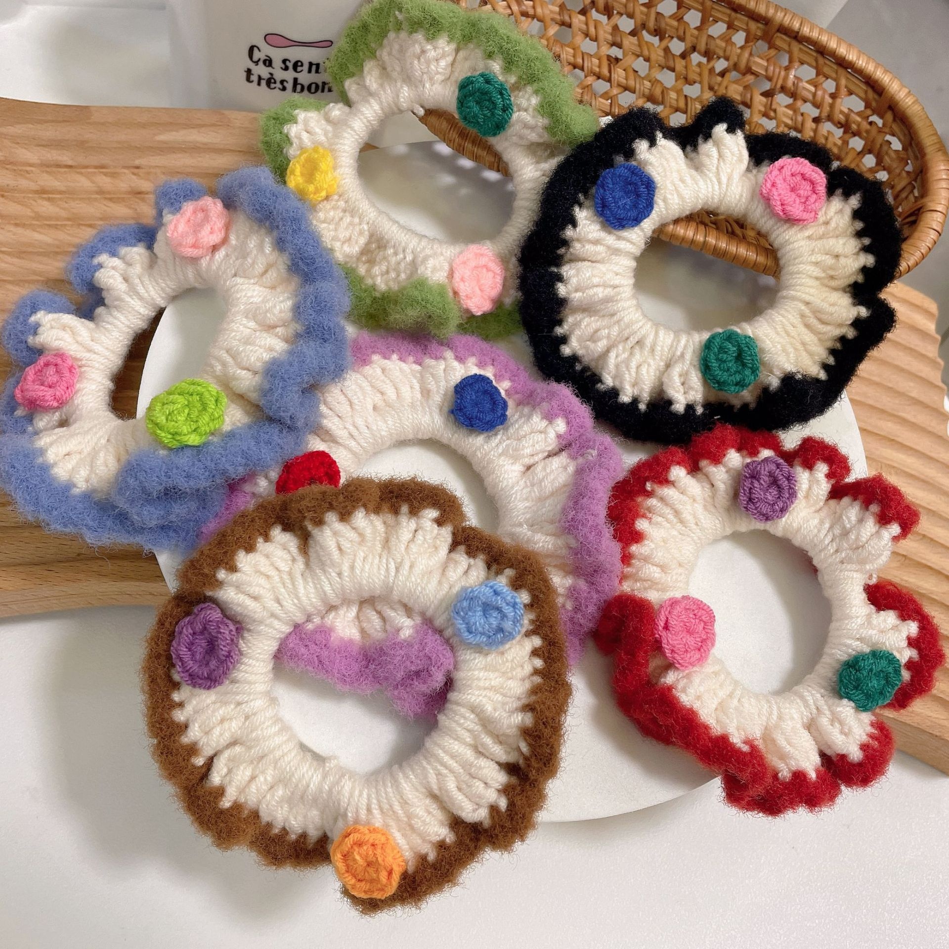 Girls Winter Hand Knitted Flannel Scrunchie Hair Tie Solid Color