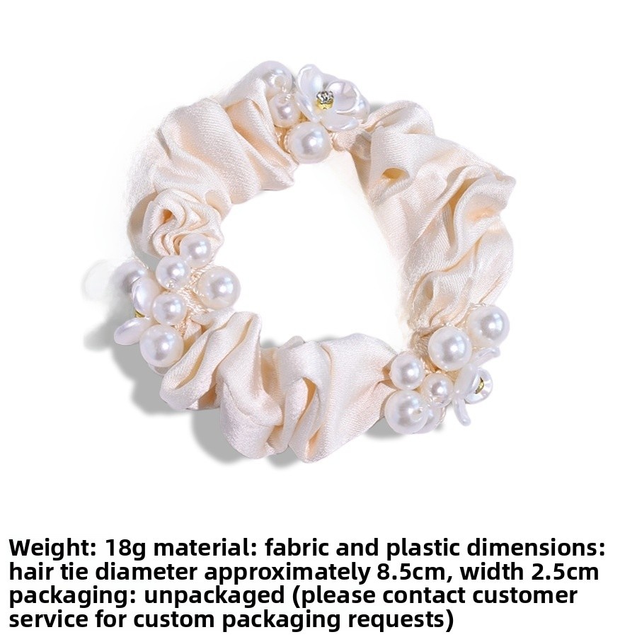 Women's French Satin Crystal Low Bun Hair Tie Rose Floral Beige Black