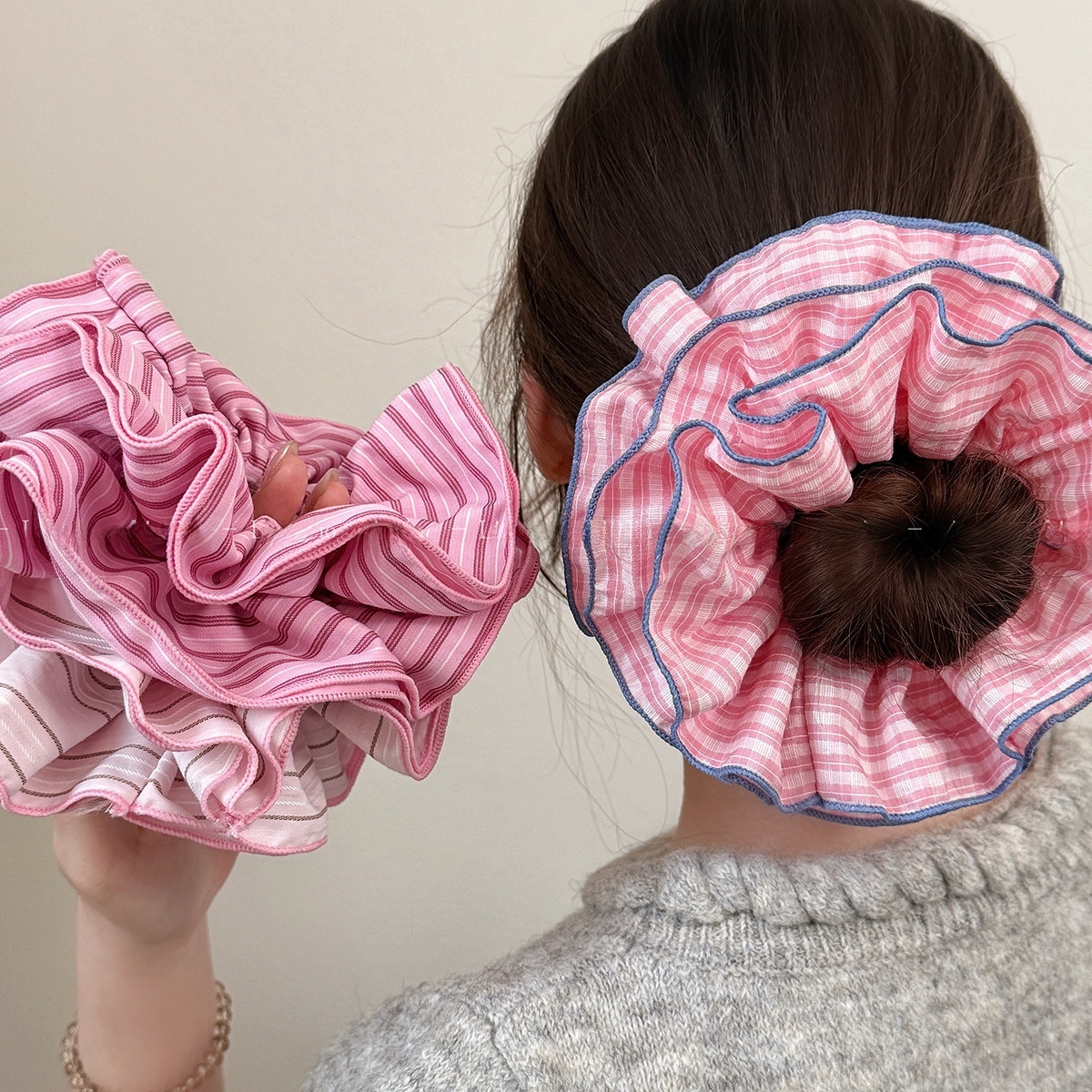 Girls Four-Layer Cloth Hair Tie Multi-Functional Hairband Pink Polka Dot