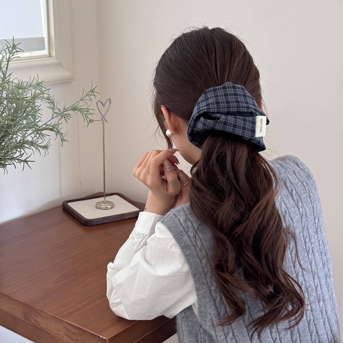 Women's Retro Cloth Low Ponytail Bun Hair Bands Dark Plaid