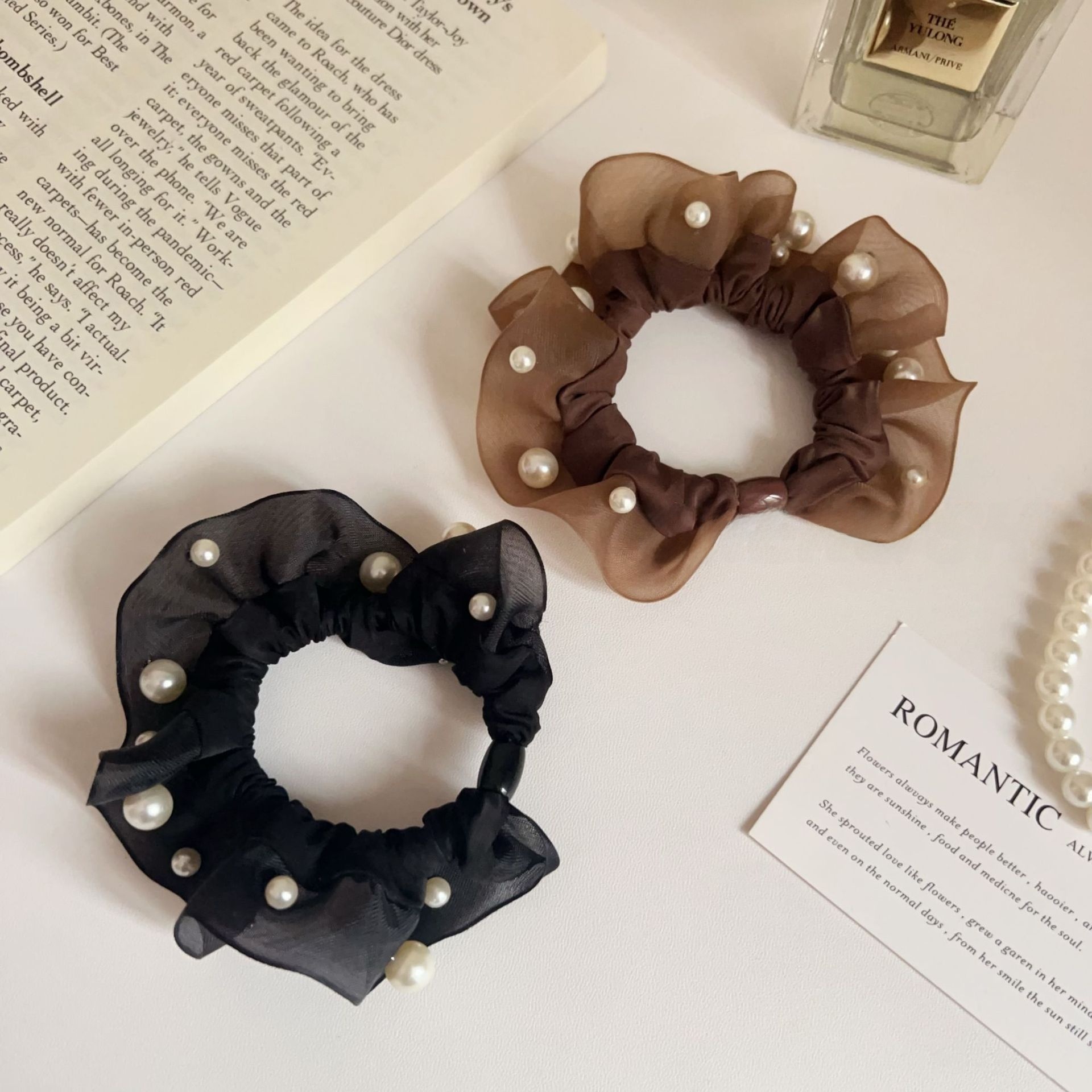 Women's Simple Organza Pearl Hair Tie - Elegant Coffee Autumn Accessory