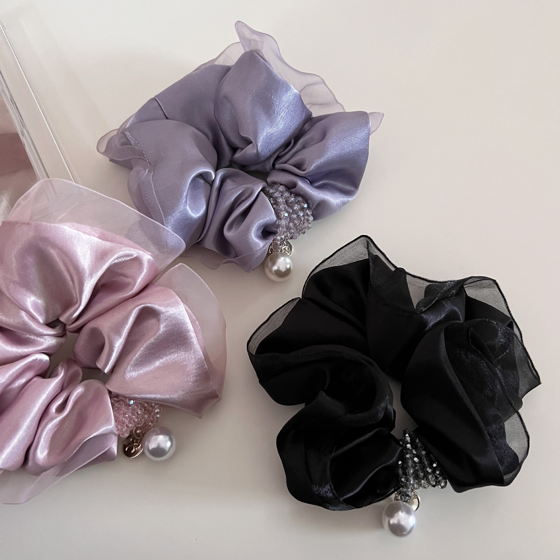 Women's Elegant Satin Pearl Hair Tie Glossy Solid Color Bun Accessory