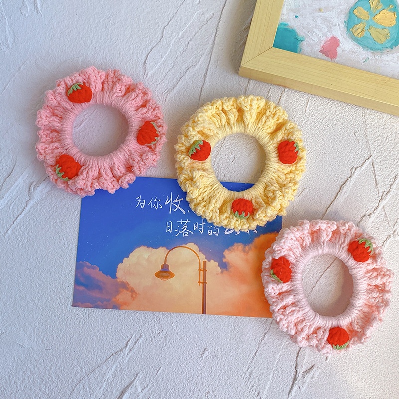 Women Girls Winter Wool Knitted Bow Hair Tie Creamy Strawberry