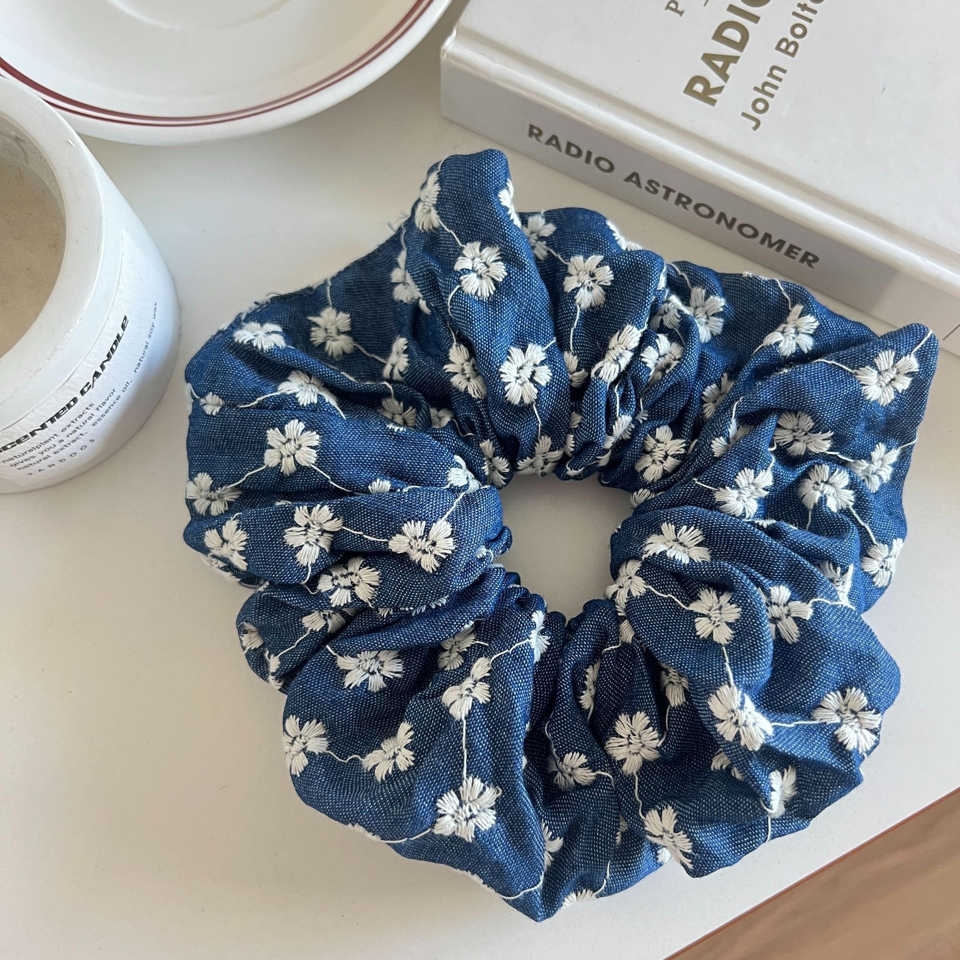 Women's Large Denim Blue Rose Flower Hair Tie Elegant Elastic Cloth Hair Band