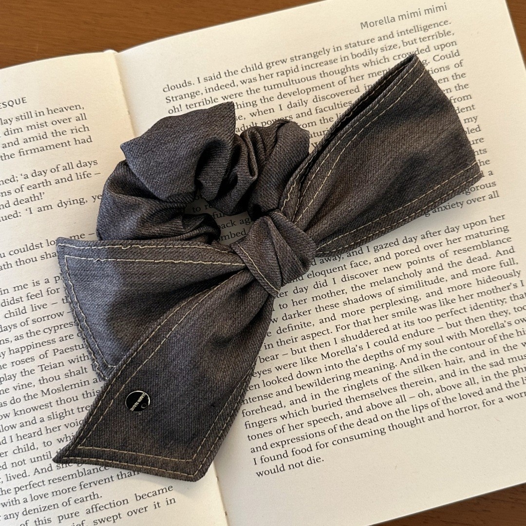 Women's Handmade Denim Butterfly Knot Scrunchie Retro Fashionable Grey Blue