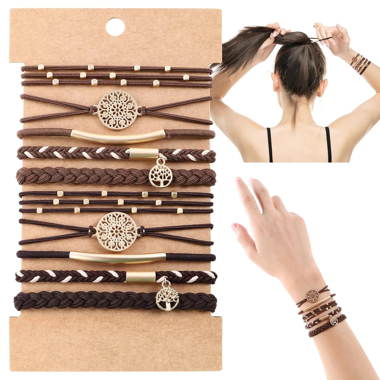 Women's 5Pcs Brown Metal Tree of Life Elastic Hair Tie Bracelet Set
