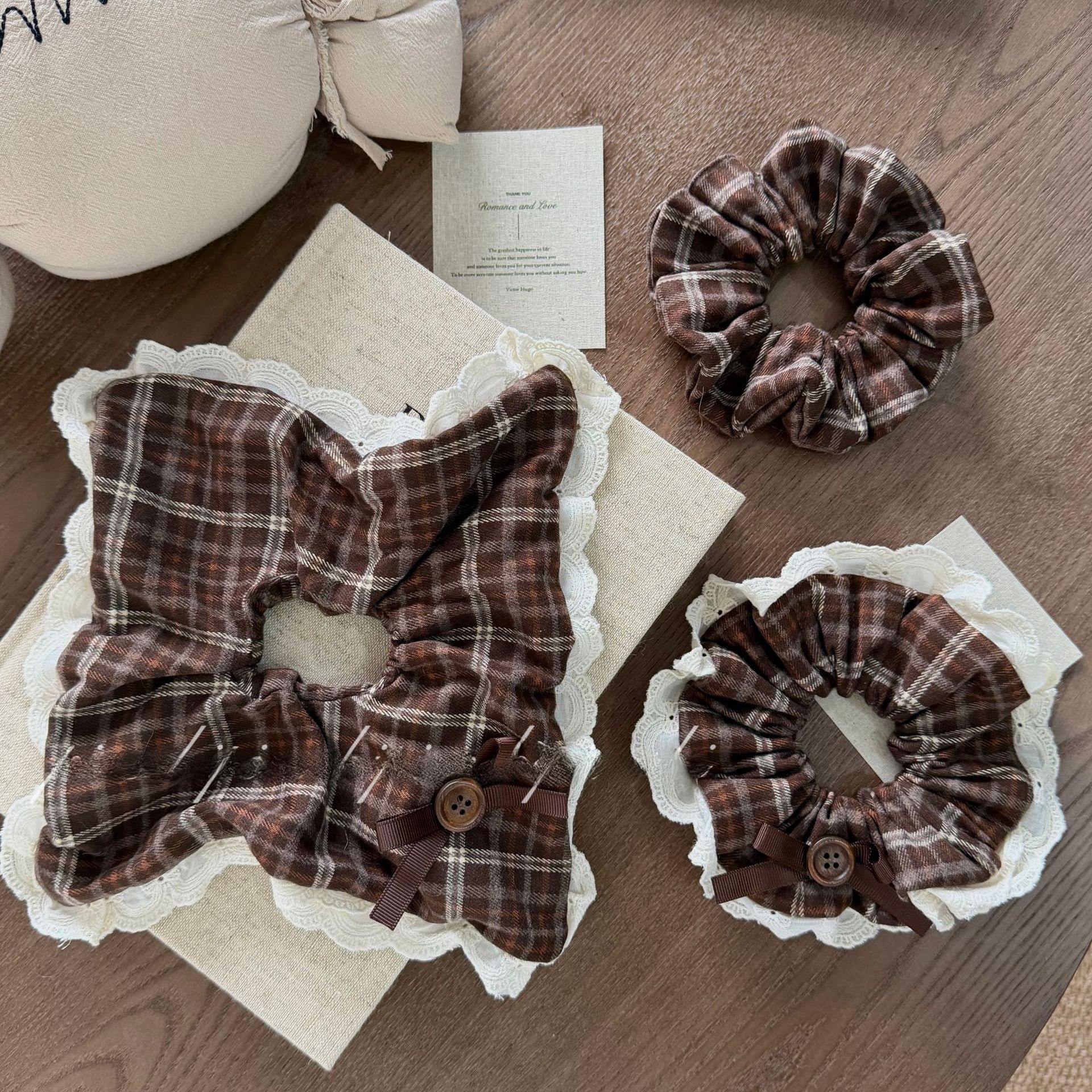 Women's French Style Autumn Winter Cloth Hair Tie Coffee Plaid