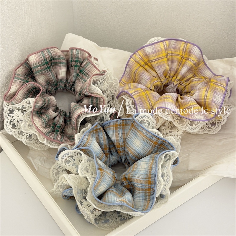 Women's Spring Cloth Hair Scrunchies Sweet Pink Checkered Plaid Lace