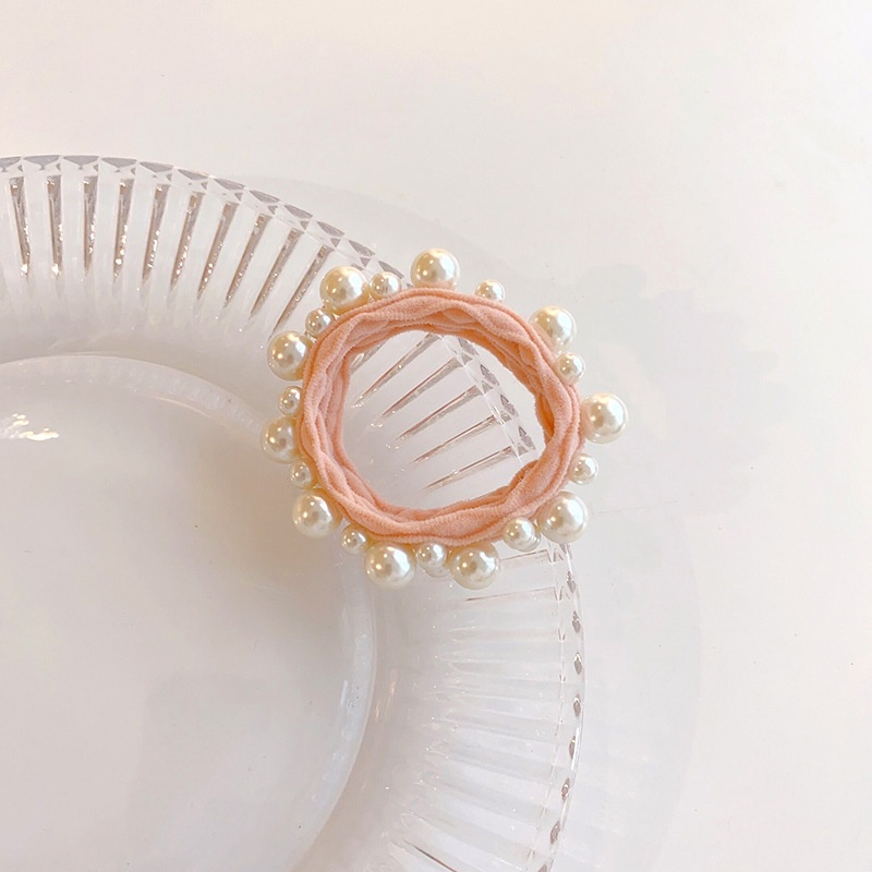 Women's Milk Tea Oval Pearl Hair Ties Seamless Elastic Handmade Towel Rings