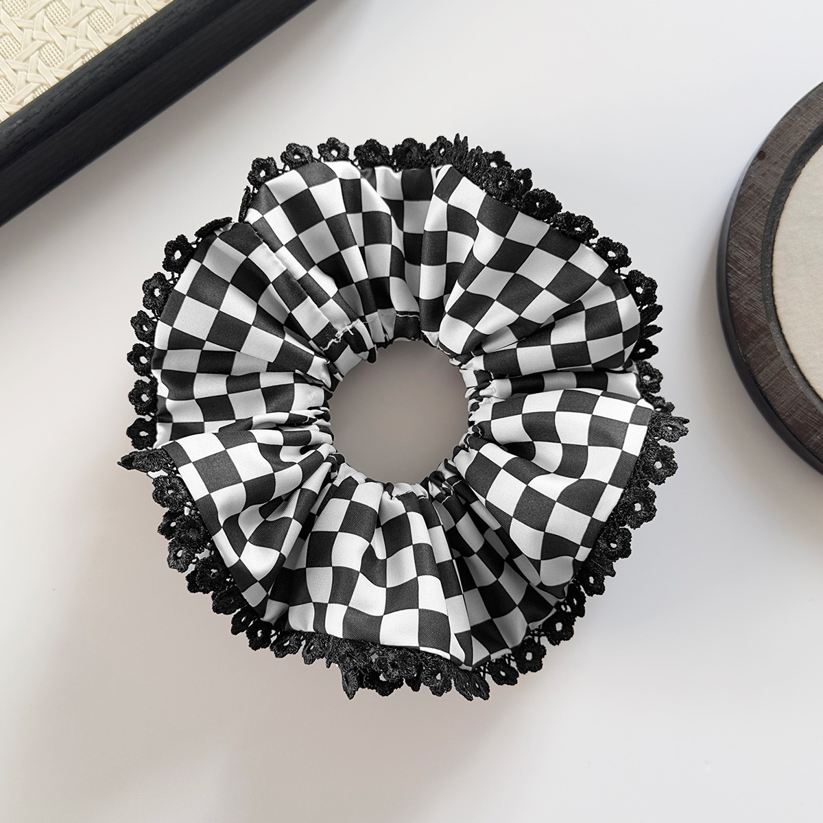 Women's Daily Double-Layer Cloth Hair Tie Black White Checkered