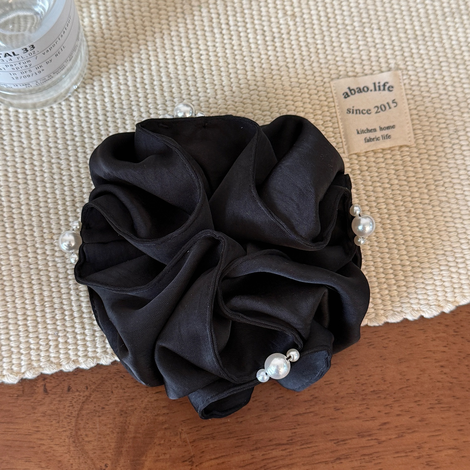 Women's Elegant Satin Pearl Pleated Flower Hair Tie Elastic Bun Band