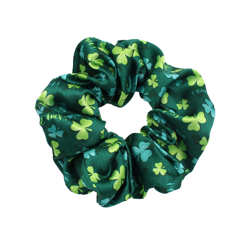 Women's 5PCS St. Patrick's Day Green Shamrock Big Bow Silk Printed Hair Ties