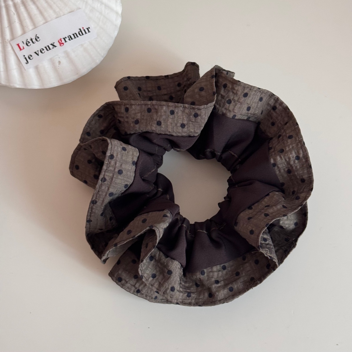 Women's Winter Cloth Scrunchie Hair Tie Beige Coffee Spliced Polka Dots