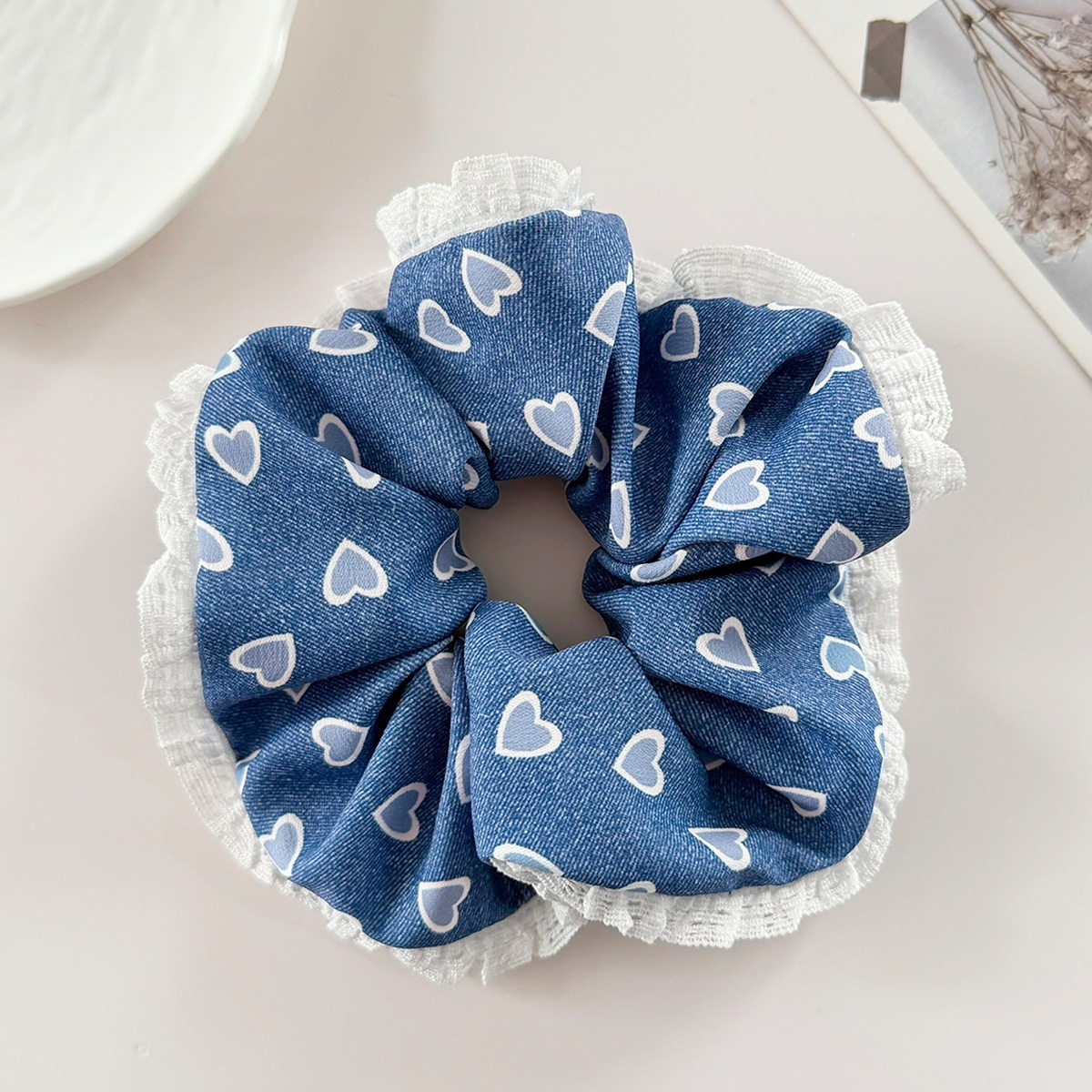 Women Denim Hairband Large Lace Edge Heart Shape Blue Hair Accessories