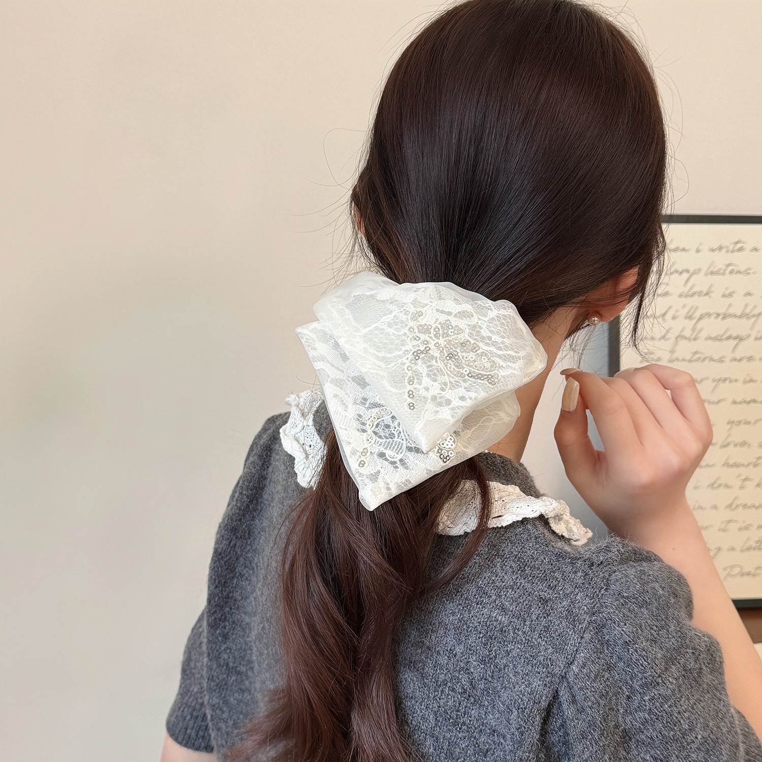 Women's Spring French Style Hair Tie Daily Accessory Beige Lace