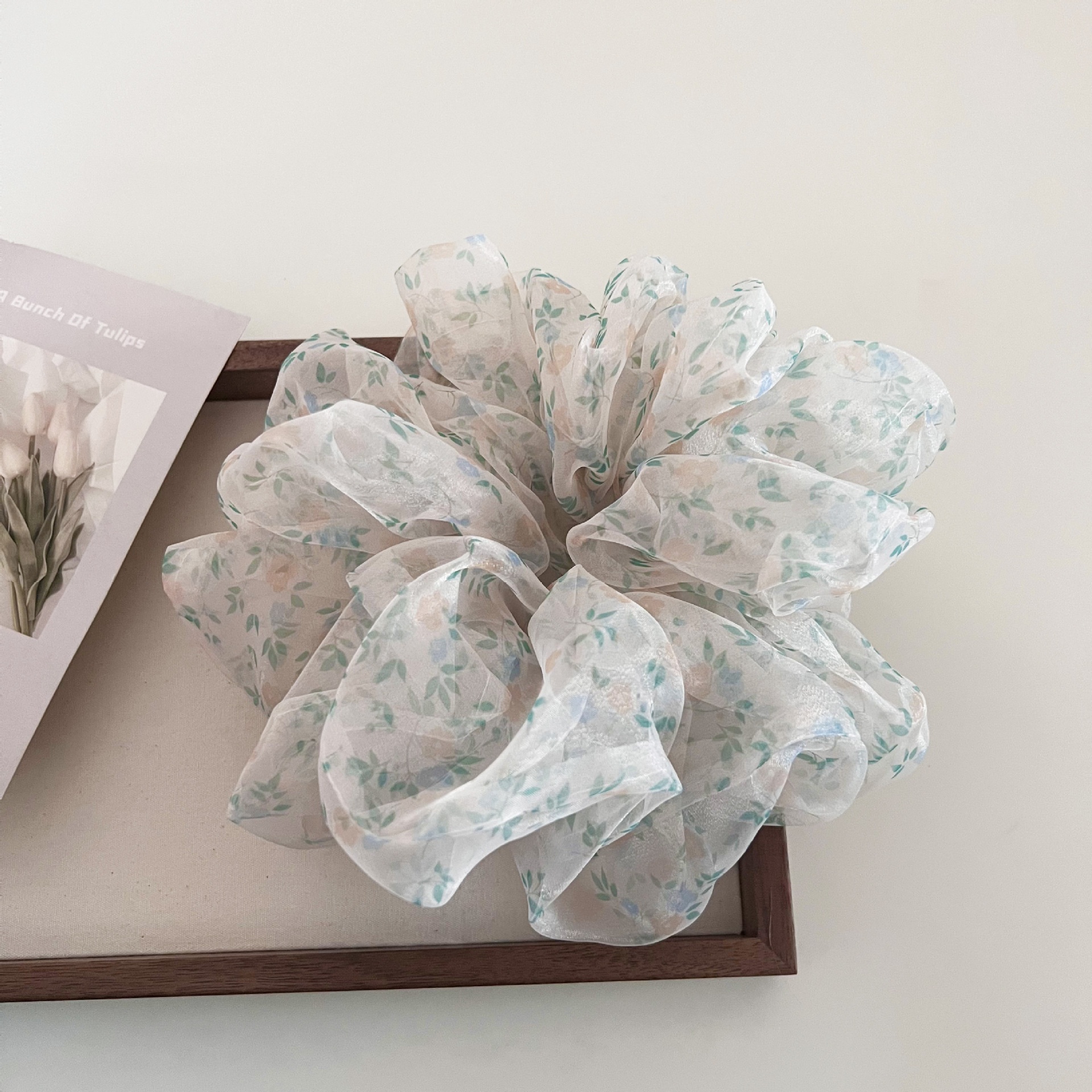 Women's Vintage Organza Bun Hair Tie Ditsy Floral Pink Peach Green