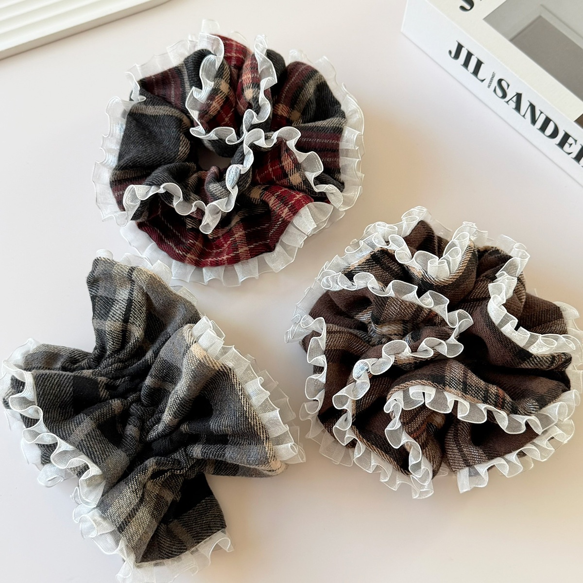 Women's French Style Cloth Headband Large Plaid Lace Edge